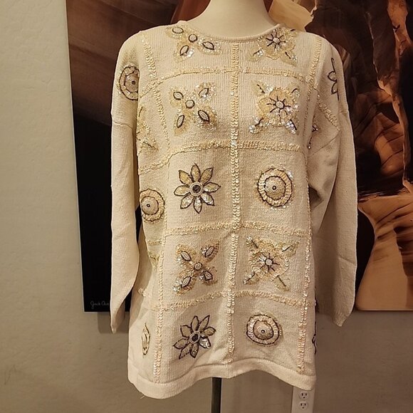 Vintage Work In Progress Gladys Bagley Womens Sweater XL 90s Ivory Sequins - Picture 1 of 8